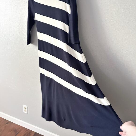 Ann Taylor Fine Merino Wool Navy Diagonal Stripe Midi Dress Women's Size Large - Picture 4 of 13